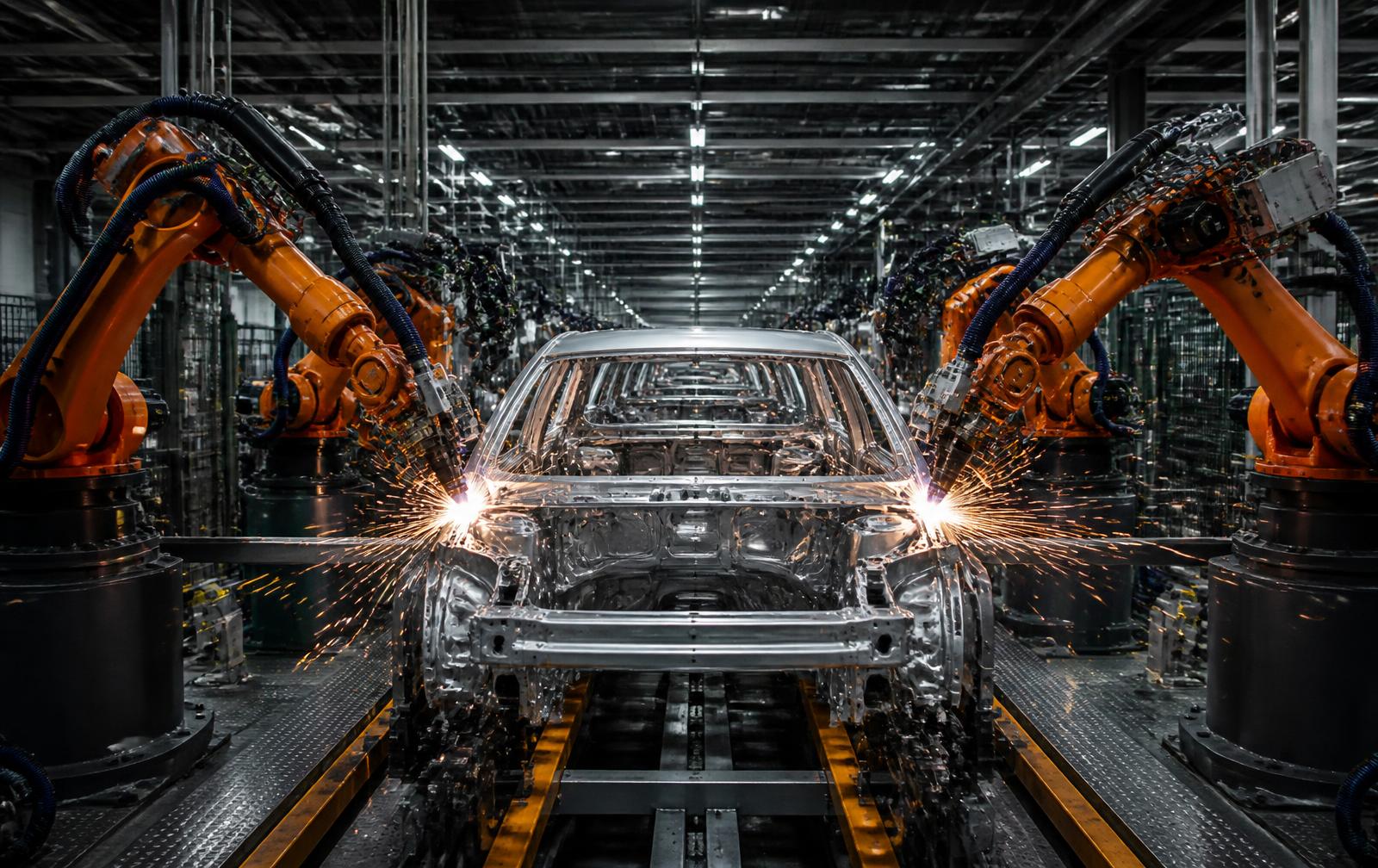 Robotic arms welding a vehicle body on an automotive assembly line