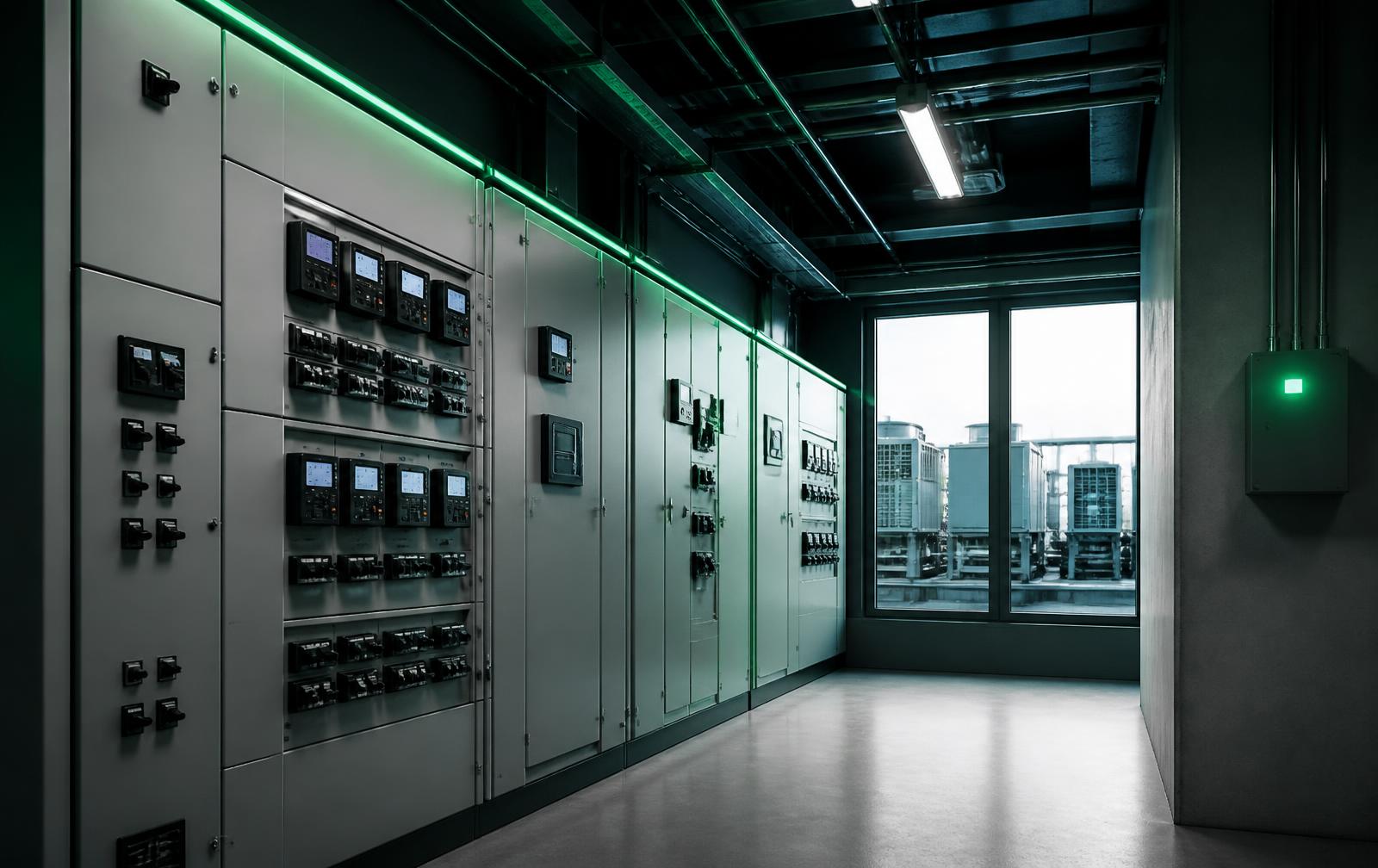 Electrical distribution panels and energy meters in a modern building services room
