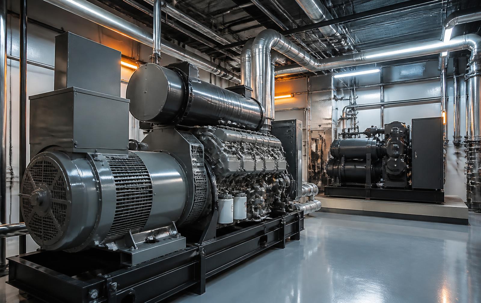 Industrial diesel generator and air compressor installed in a plant utility room