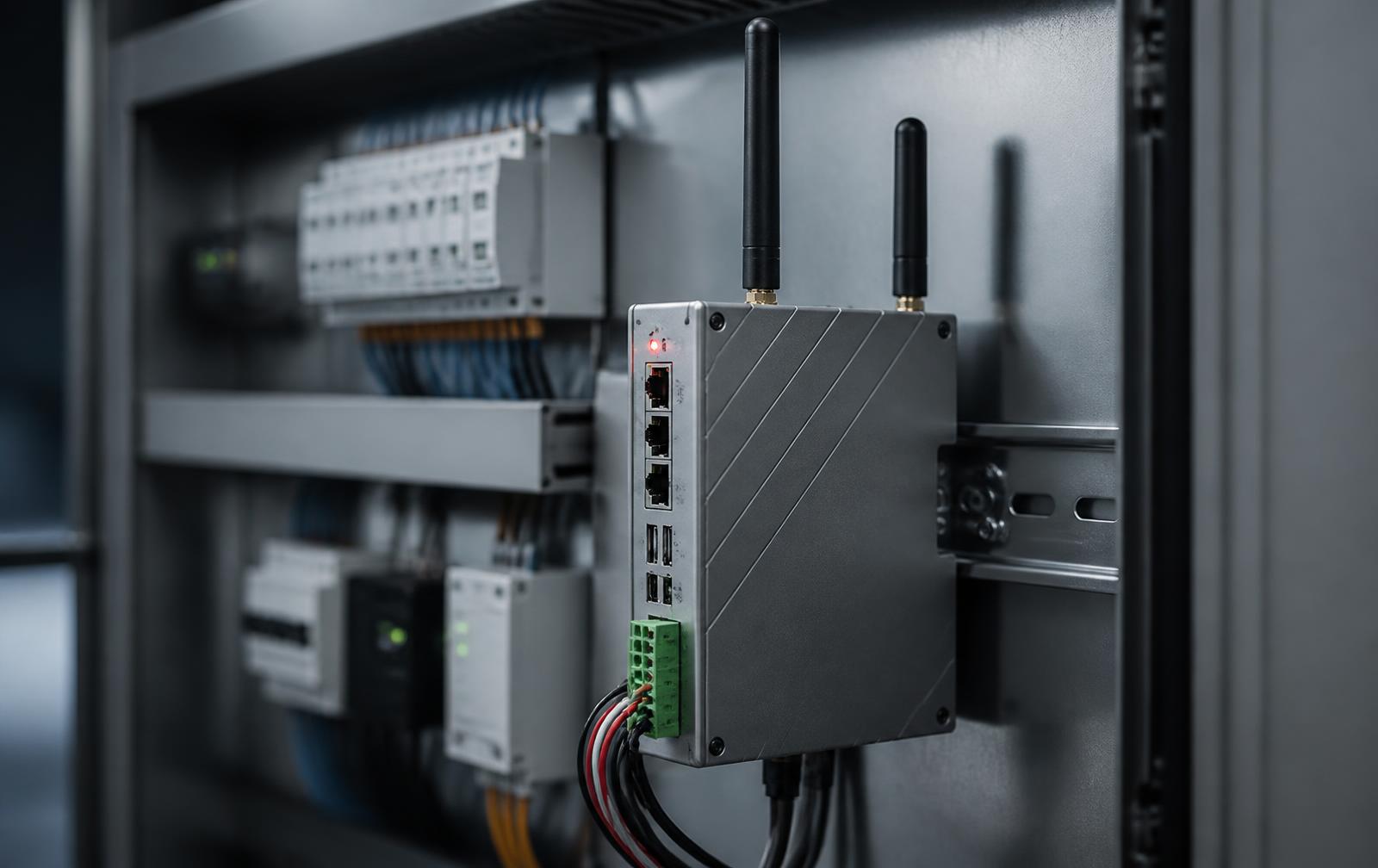 Industrial IoT edge gateway mounted on DIN rail inside a control cabinet
