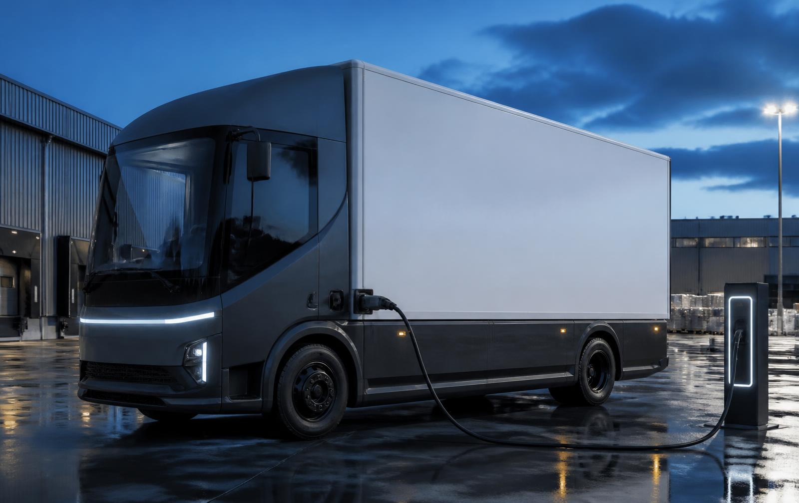 Electric commercial delivery truck connected to a charger at an industrial yard